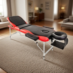 Portable Aluminium Massage Table, 3-Section Foldable Couch Bed with Adjustable Headrest, Arm Support, and Carrying Bag, Black+Red