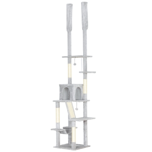 PawHut Deckenkratzbaum mit Höhenverstellung 225-255 cm mit Häuschen und Hängematte, Hellgrau