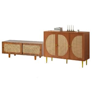Scarpiera con Seduta per Ingresso e Soggiorno, Stile Vntage e Classica, Ante Scorrevoli in Rattan, 104x40x48 cm, Colore Noce
