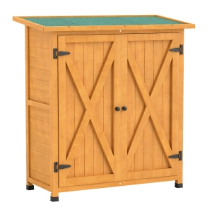 Outsunny Gartenschrank, Geräteschuppen aus Holz, Wetterfest Geräteschrank mit 2 Türen Asphaltdach 110 x 55 x 117 cm, Gelb
