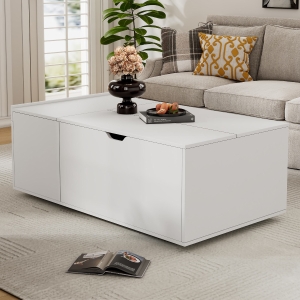 Lift Up Coffee Table with Hydraulic Mechanism, Wooden Tea Table with Drawer and Hidden Storage, 117L x 65W x 43H cm, White
