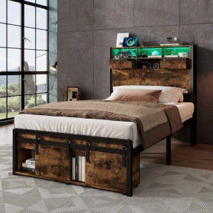 Modern Metal Single Bed with LED Lights and Charging Ports, Crafted Headboard with Sturdy Iron Slats, 209L x 90.5W x 114.5H cm, Black+Natural