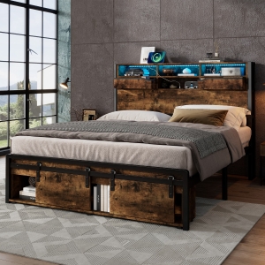 Metal Double Bed with LED Lights and Charging Ports, Practical Bed Base with Built-In Storage, 209L x 137.5W x 114.5H cm, Black+Natural