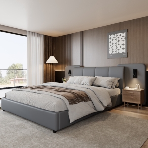 Upholstered Double Bed with Charging Port and Lighting, Full-Size Bed with Impact-Resistant Sponge Padding, 209L x 221W x 86.5H cm, Grey