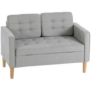 HOMCOM Zweisitzer-Sofa mit Stauraum, Knopfheftung, Kissen, Kautschukbaumholz, 117x62x78cm, Hellgrau