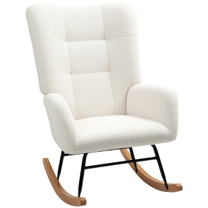 HOMCOM Fauteuil à bascule en tissu effet laine bouclée avec pieds en bois massif d'hévéa pour chambre, salon, crème