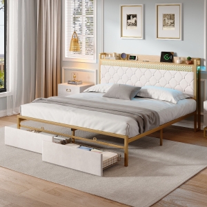 Double Bed Frame with Storage Drawers, RGB LED Headboard, Modern Bed Base for Living Rooms, 207L x 138W x 100H cm, Beige+Chrome