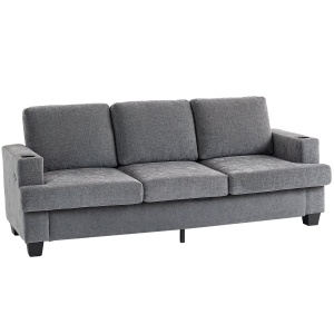 HOMCOM 3 Seater Sofa with USB Ports & Cup Holders - Grey