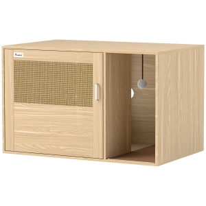 PawHut Katzenklo‑Möbel mit Rattan‑Tür und Kratzmatte – Beistelltisch 80 × 50 × 50 cm, Eiche