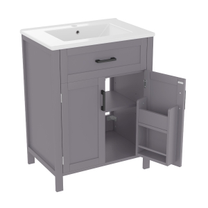 Armario de baño independiente con lavabo, estantes de doble puerta, cajones prácticos, estantes ajustables, 60x46x84,8 cm, Gris