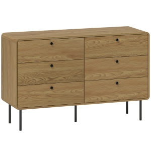 HOMCOM Kommode 6 Schubladen Aufbewahrungsmöbel moderner Stil abgerundete Ecken und Stahlfüße 120 x 40 x 75cm Eichenholzoptik