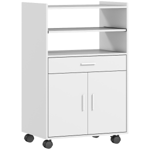 HOMCOM Microwave Cabinet, Shelf, Double-Door Cabinet, Drawer, Casters, White