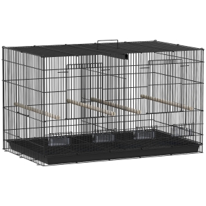 PawHut Gaiola para Pássaros com Divisória Gaiola para Aves com 4 Comedouros 4 Poleiros e Bandeja Amovível 76x46x46 cm Preto