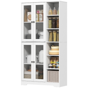 HOMCOM Armoire de cuisine avec portes vitrées, étagères, compartiments ouverts, 172 cm, MDF, Blanc