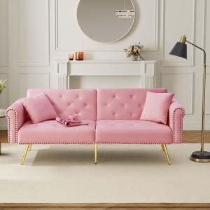 2-Seater Modern Sofa Bed with Velvet Upholstery and Adjustable Backrests, Daybed Perfect for Living Room, 177L x 74W x 71H cm, Pink