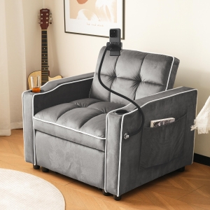 3-in-1 Expandable Single Sofa Bed with 2 Drink Holders and Phone Holder, Recliner and Sleeper Chair for Apartment, 83L x 167W x 76H cm, Dark Gray