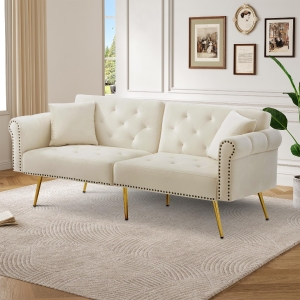 2-Seater Modern Sofa Bed with Independent Backrests, Gold-Plated Metal Feet, Velvet Couch for Living Room, 177L x 74W x 71H cm, White