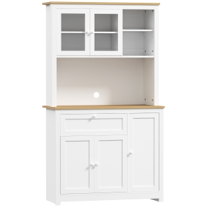 HOMCOM Country-style kitchen cabinet, 1 display cabinet, 1 open shelf, 1 drawer, 2 cupboards, Natural + White