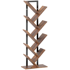 HOMCOM Bookshelf Standing Shelf with 9 Tiers Narrow Tree-Shaped Shelf for Office, Rustic-Brown