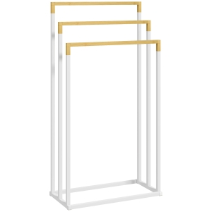 kleankin Towel Rack Towel Rack-Set 3 Towel Bars, Industrial Design, Bamboo, 45 x 22.5 x 86 cm, White + Natural
