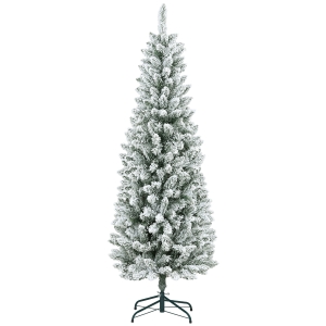 HOMCOM Artificial Christmas Tree, Slim Shape, Artificial Snow, Three-piece, Flame-retardant, Metal Base, 183 cm, Green