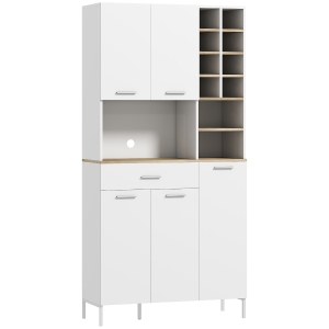 HOMCOM Kitchen cabinet with open shelves, compartments, wine rack, pantry cabinet with 5 doors, MDF, white