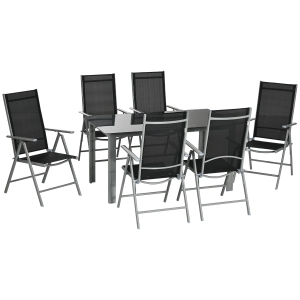 Outsunny 7 Piece Garden Dining Set - Outdoor Table and 6 Folding and Reclining Chairs with Aluminium Frame, Tempered Glass Top Table, Texteline Seats, Black