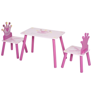 HOMCOM Set Tavolo e 2 Sedie a Tema Principesse per Cameretta Bambini in Legno Rosa con Schienale a Forma di Corona