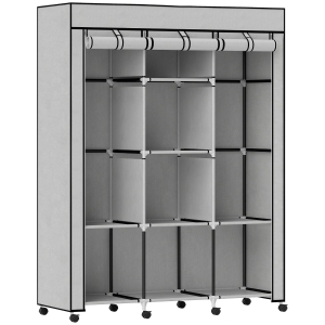 HOMCOM Kast van stof, opbergoplossing, 8 planken, 2 hangstangen, grijs
