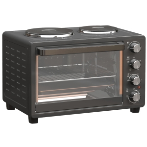 HOMCOM 28L Mini Oven with 2 Hot Plates, Countertop Toaster Oven, Grill, Roast, Bake, Boil, with Timer, Adjustable Temperature, Electric Oven with Baking Tray, Grill Rack, Crumb Tray, 2600W, Black
