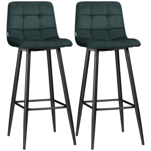 HOMCOM Conjunto de 2 Bancos de Bar Altura Do Assento de 77 cm com Encosto Estofados em Veludo 42x47x105 cm Verde Escuro