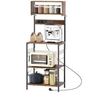 Étagère de cuisine HOMCOM 5 niveaux avec prises & USB, 5 crochets S, acier, brun rustique, 60 x 42 x 153 cm