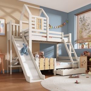 3-in-1 Cabin-style Bunk Bed with Slide and Storage Drawer, Solid Wood and MDF Frame, Durable Sleeper for Kids, 240L x 189W x 230H cm, White