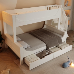 Children's Bunk Bed with Under-bed Pull-out Drawer, Ladder Cabinet Storage, Staircase Sleeper for Living Room, 246L x 141W x 150H cm, White