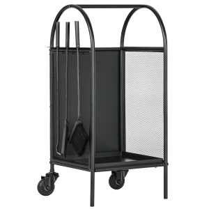Outsunny Suporte para Lenha com Rodas e Kit de Acessórios (Pá Vassoura Atizador) 37,5x37,5x80 cm Preto