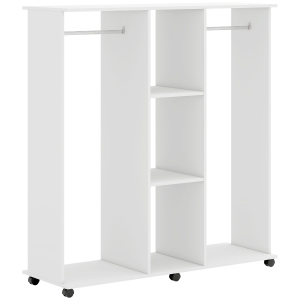 HOMCOM Guarda-Roupa Aberto 2 Varões 3 Prateleiras com 6 Rodízios 120x40x128 cm Branco