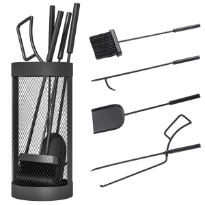 Outsunny Conjunto de Ferramentas para Lareira 5 Peças Vassoura Pá Pinça Ferro e Balde em Malha Metal Preto