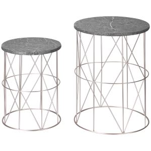 Outsunny 2er-Set Beistelltisch Stapelbar Gartentisch in Marmor Optik Balkontisch aus Metall, runder Kaffeetisch 50kg belastbar, Ø38x52,5 cm Sofatisch für Outdoor Indoor Balkon Rose+Gold+Grau