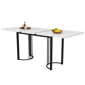 Mesa de comedor extensible con estructura metálica, 140-179,5x80x75,5 cm, Blanco+Negro
