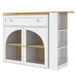 Masă de bar extensibilă cu spațiu de depozitare, bar rotativ 360° cu raft lateral în 3 trepte și uși din sticlă securizată, 138-204x39x104 cm, Alb