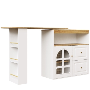 Dulap sideboard rotativ 360°, cu 2 sertare, raft pentru gustări, geam arcuit, 138-204x39x104 cm, Alb
