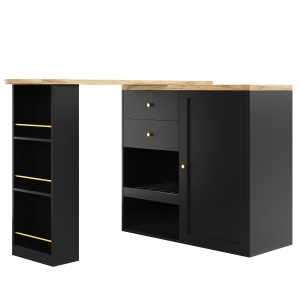 Mesa de bar giratoria 360° con 2 cajones y armario con puerta corredera, 3 niveles de almacenamiento abierto, Negro