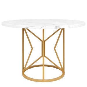 Mesa de comedor redonda en MDF, patas metálicas, 100x100x76 cm, Blanco+Oro