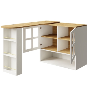 Bancone da bar girevole a 360° con ripiano per snack e 5 scaffali, 138-204x39x102,5 cm, Bianco