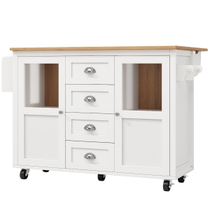 Isola Moderno da cucina con piano regolabile, due ante e quattro cassetti, Ruote girevoli a 360°, 137,9x45/73x92,5 cm, Bianco | Aosom Italy