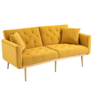 3-Sitzer-Sofa in Samtoptik, verstellbares Schlafsofa, bequem zum Sitzen oder Schlafen, für Wohnzimmer und Schlafzimmer, 162x78x80 cm, Senfgelb