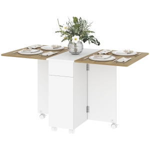 HOMCOM Table à manger pliable pour 6 personnes, table de cuisine sur roulettes avec 2 tiroirs 2 placards, 140x76x74cm, blanc