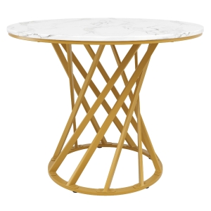 Masă rotundă de dining, masă de bucătărie cu blat din MDF și picioare metalice, 80x80x76 cm, Alb+Auriu