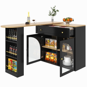 Masă de bar extensibilă cu spațiu de depozitare, bar rotativ 360° cu raft lateral în 3 trepte și uși din sticlă securizată, 138-204x39x104 cm, Negru