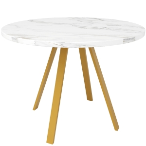 Mesa de comedor redonda para 4 personas, con patas metálicas doradas, 80x80x75 cm, Blanco+Oro